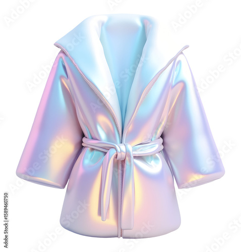 Glamorous iridescent robe coat, puffy futuristic fashion statement of luxury