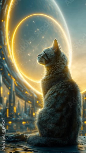 Cosmic Pondering: A serene cat gazes upwards, contemplating a celestial or futuristic world, with a blend of mystery and calm in this unique scene.