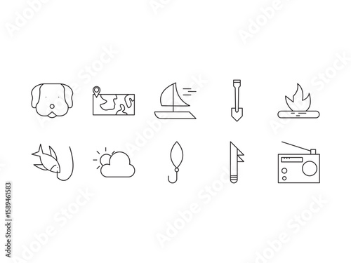 Hunting & fishing outline icon set. Containing hunting, fishing, adventure, camping, animal, fish, nature, and more. editable stroke. vector illustration