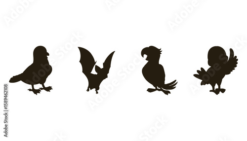 Collection of four distinct animal silhouettes including a pigeon bat parrot and chick