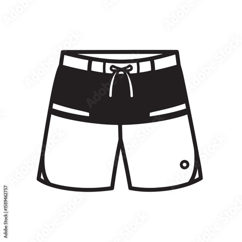 Black and white line art illustration of stylish and functional men's beach shorts with a tie string detail