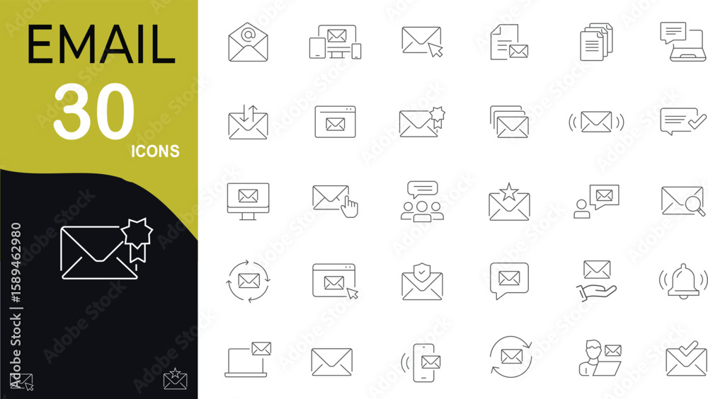 Fototapeta premium E-mail and Letter line icon set. Set of 30 outline icons related to mail, email, postal letter and others. Vector illustration. Linear icon collection. Email outline icon collection. Editable stroke.