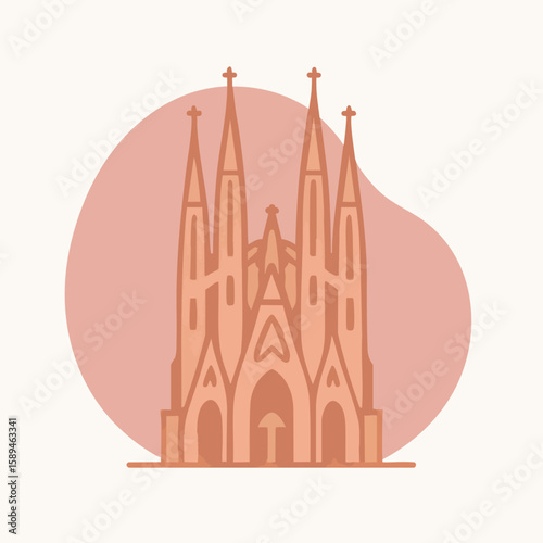 Minimalist flat vector of Sagrada Familia cathedral in Barcelona, Spain. Warm earthy tones and clean outline for architectural and cultural content. 