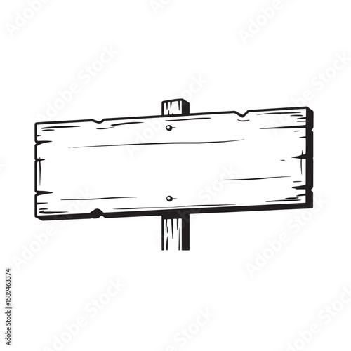 Blank wooden sign on post illustration black and white artistic design for announcements and messaging