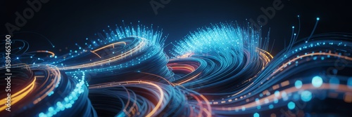 Swirling network of glowing fiber optic cables, high-speed data transmission, technology background, Digital Communication and Big Data