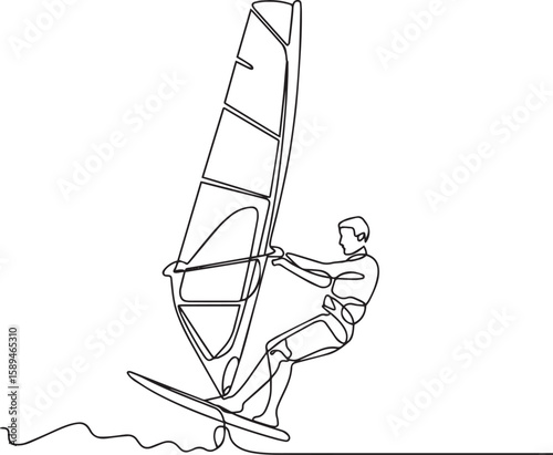 Continuous one line drawing of windsurfing athlete riding surfboard, minimalist water sport line art illustration

