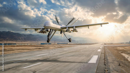 A tactical drone lands on a military base runway, showcasing its extended landing gear