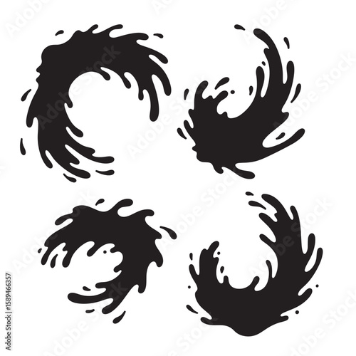 Four abstract black ink or paint splash designs with irregular edges arranged in a modern illustration style.