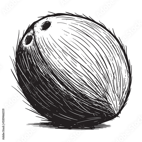 Hand drawn black and white coconut illustration in a sketch style depicting the tropical fruit isolated against a clean white background.