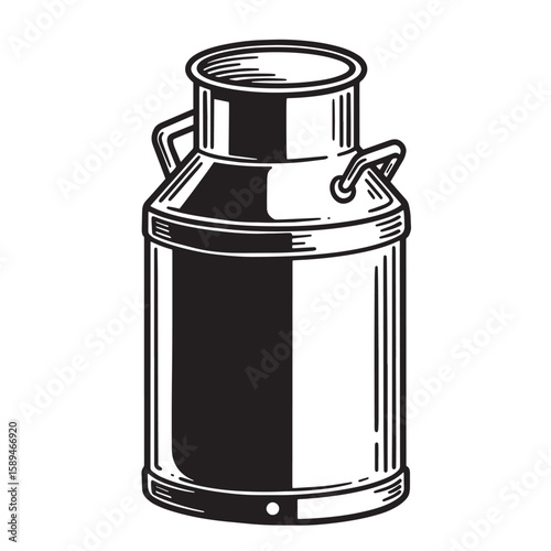 Hand drawn illustration of a classic milk churn or can rendered in a striking monochrome style for design