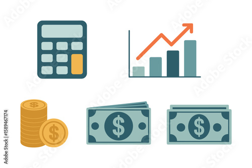 Financial tools and money management symbols designed in a minimalist style, ideal for budgeting, investment planning, personal finance apps, and business financial education materials 