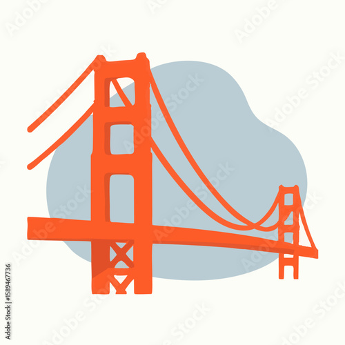 Minimal vector artwork of the Golden Gate Bridge in San Francisco, shown in flat red and pastel tones