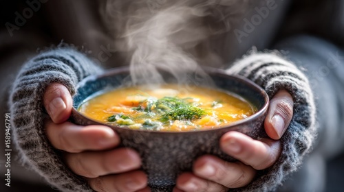 Hands holding a steaming bowl of soup