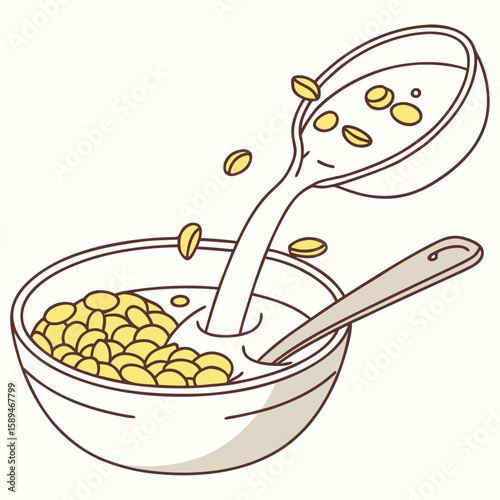 cornflakes with milk in a white ceramic bowl