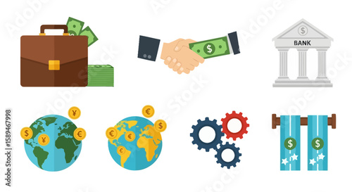 Flat design icons depicting financial concepts, including a briefcase, money exchange, bank, global finance, and gears.