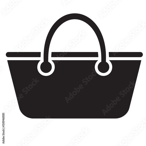 Minimalist black and white vector illustration of a shopping basket or picnic bag with a curved handle