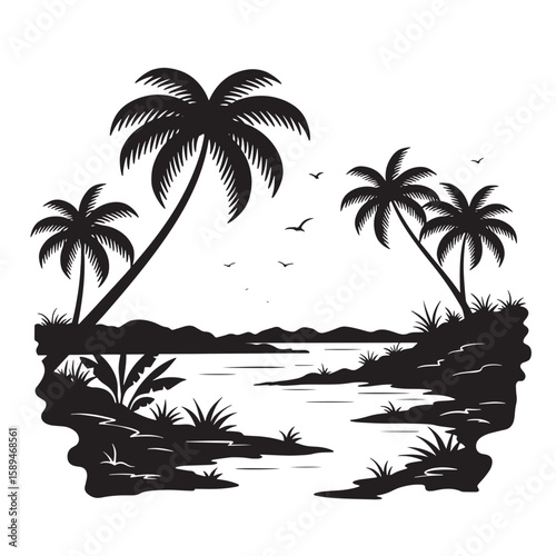 Silhouette of a tropical beach scene with palm trees on a sandy shoreline and tranquil lake with flying birds