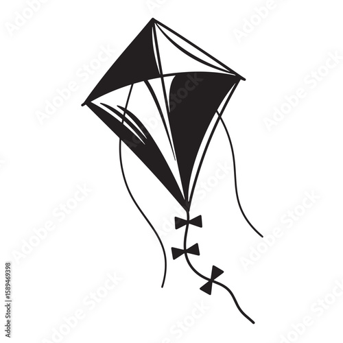 Simple black and white illustration of a diamond shaped kite flying in the sky with string and decorative elements.