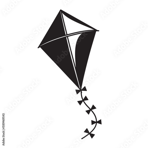 Simple black and white illustration of a kite with a bow tail flying in the sky with copy space for projects.