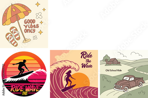Retro summer vibes collection featuring tropical pineapple surfing skateboard and cowboy