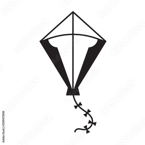 Simple monochrome illustration of a kite design with a detailed tail perfect for children and summer projects