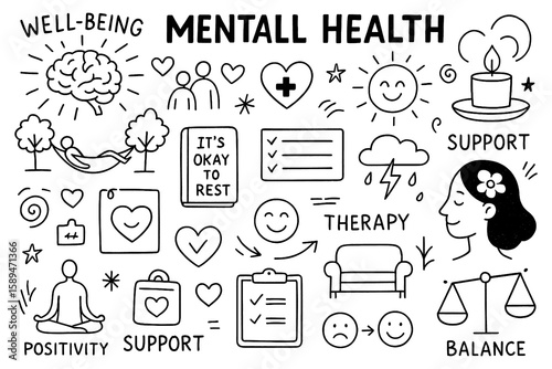Mental Health Doodle Set, Hand Drawn Wellness and Self Care Icons, Therapy Mindfulness Positivity Support Illustration, Emotional Wellbeing Graphic Elements, Black White Transparent Background