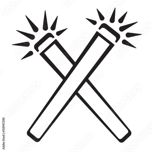 Two crossed sparklers with radiating sparks in a simple black and white vector illustration perfect for celebrations and festive events.