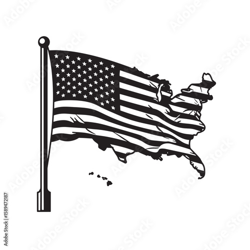 Symbolic representation of the american flag merged with the map outline depicting the united states of america.