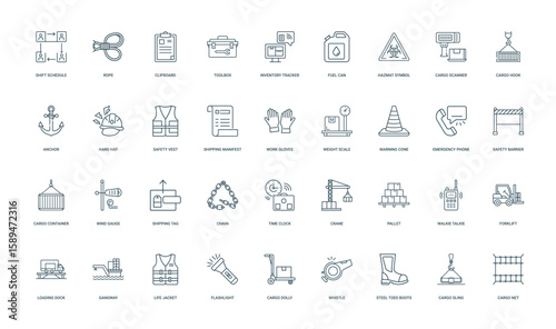 tools equipment processes associated dock workers cargo delivery collection outlined icons, Cargo Safety Wind container barrier Shipping tag gauge