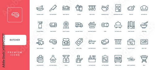 equipment butcher profession collection linear icons, Holder Beef Grinder Spice