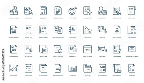 collection finance accounting line icons financial management, statement loss Profit File Bank flow Cash