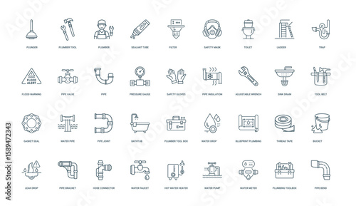 collection plumbing-related icons tools fixtures concepts associated plumbing work, sealant plumber maintenance toolbox