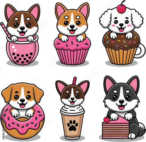 Adorable cartoon puppies delightfully integrated with various sweet treats and beverages, perfect for cute designs.