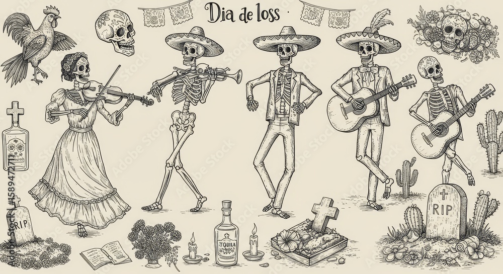 Fototapeta premium Day of the dead drawings. Day of the Dead Skeletons with Musical Instruments Illustration