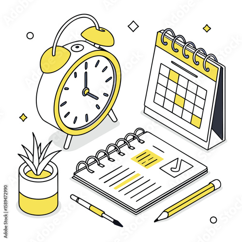  Vector Illustration of a Desk Clock with a Calendar and Planner Highlighted in Yellow in a Modern Workspace
 Adobe Illustrator Artwork
