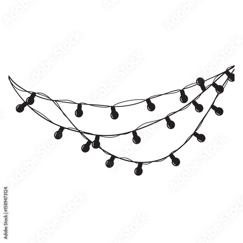 Vector illustration of a string of vintage style round black light bulbs against a plain white backdrop