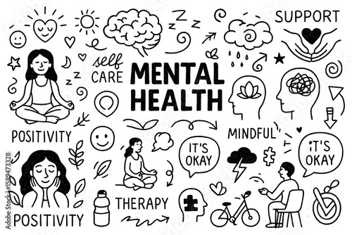 Mental Health Doodle Set, Hand Drawn Wellness and Self Care Icons, Therapy Mindfulness Positivity Support Illustration, Emotional Wellbeing Graphic Elements, Black White Transparent Background