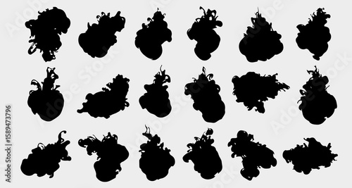 Ink Splatter Silhouettes: a stunning graphic of diverse ink splatters, rendered in bold, solid black, creating abstract forms, a graphic and artistic effect.