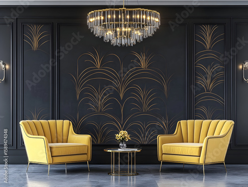Art Deco wallpaper with a symmetrical pattern, two yellow velvet armchairs, and a brass side table between them