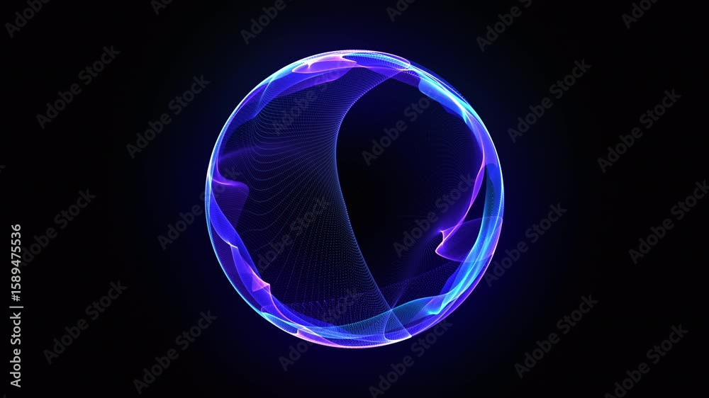Abstract 3d sphere of purple and blue neon gradient particle waves. Artificial Intelligence concept, virtual assistant, future technology, innovations. Vibrant energy sphere, glowing 3d orb. 4k loop.