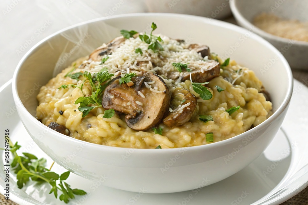Delicious creamy mushroom risotto topped with fresh herbs and parmesan cheese Delicious creamy mushroom risotto topped with fresh herbs and parmesan cheese