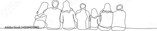 Rear View of Multi Generational Family Relaxing Together. Continuous Line Art of Family Sitting in a Row