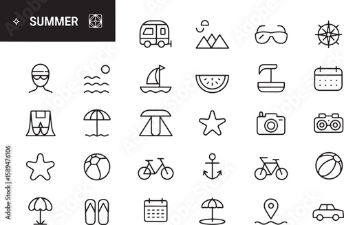 Summer Icons Travel, Vacation, and Leisure Line Art