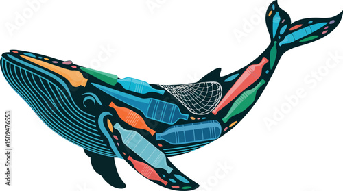 Blue whale filled with plastic bottles and fishing net on white background marine life ocean pollution