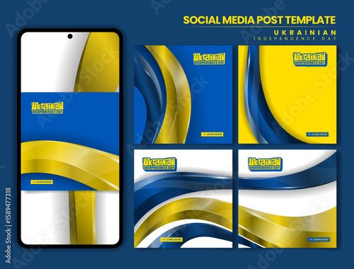 Set of blue yellow carousel post for social media campaign with waving 3d gold shape design