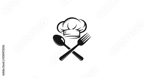 Fototapeta Naklejka Na Ścianę i Meble -  Monochrome restaurant logo concept featuring a chef's toque with a crossed fork and spoon. A timeless emblem for food, dining, and gastronomy.