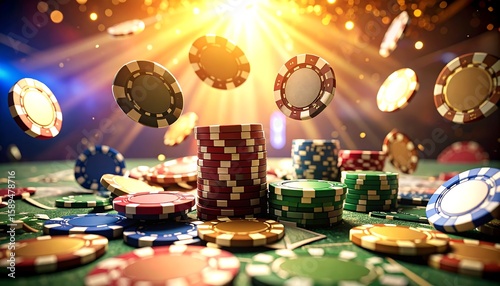 Casino chips in a dramatic, bright scene