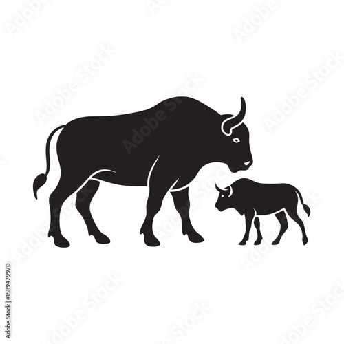 Mother Buffalo With Calf Walking Silhouette