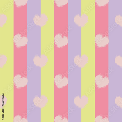 A seamless kawaii-style ikat design featuring soft blush hearts over vertical stripes in candy pastel tones—lavender, lemon yellow, and pink. Great for kids, stationery, fashion.