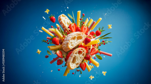 A dynamic food photography shot against a vibrant blue background
